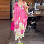 Aarenza floral print loose long dress with half sleeves, lightweight fabric, and relaxed fit, perfect for casual or summer wear.
