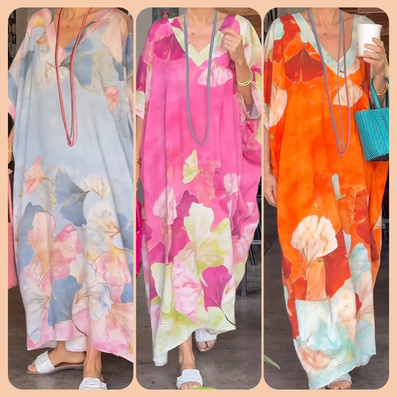 Aarenza floral print loose long dress with half sleeves, lightweight and flowy, perfect for casual or summer wear.