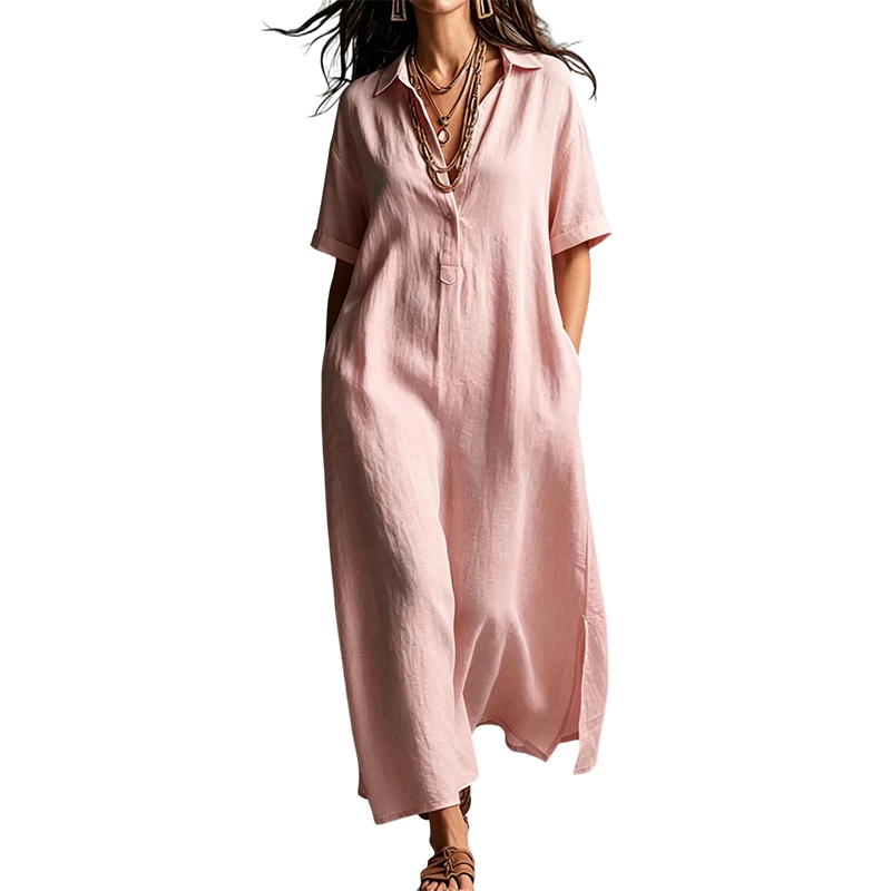 A woman wearing a breezy white cotton linen short sleeve lapel dress by Arenzza, showcasing its elegant and comfortable design.
