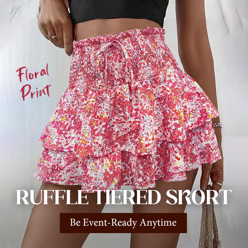 Aarenza lightweight floral ruffle tiered skirt in soft fabric, showcasing its slim fit and feminine floral pattern.