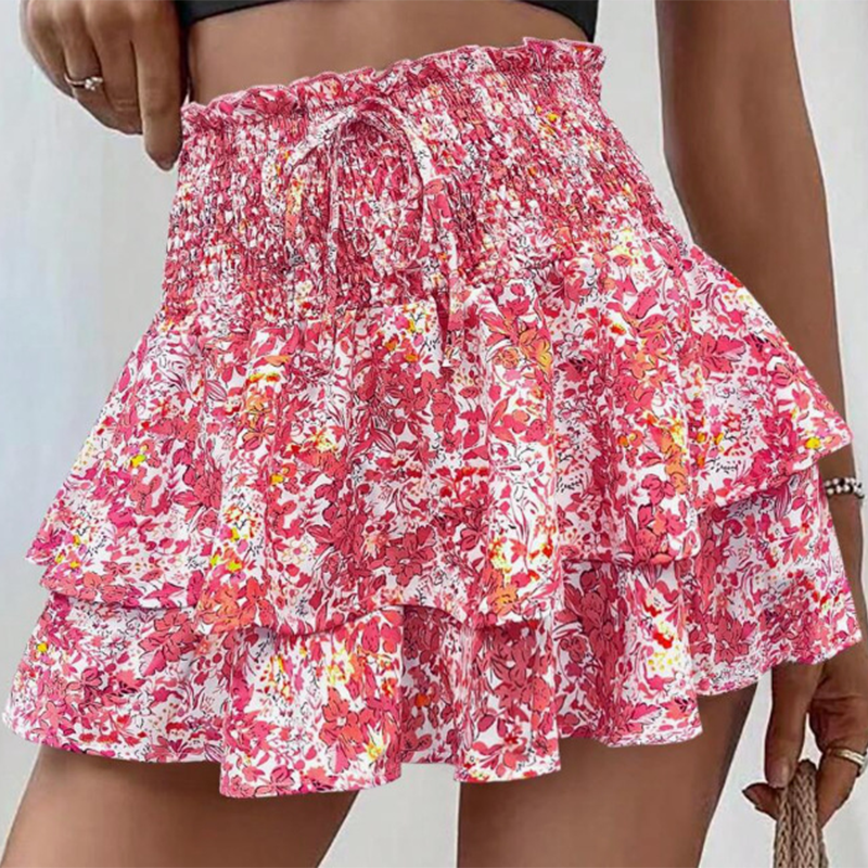 Aarenza lightweight floral ruffle tiered skirt in soft pastel colors, featuring a slim, flowy design for casual or dressy wear.