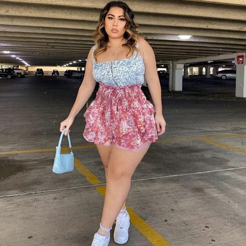 Aarenza floral ruffle tiered slimming skirt in lightweight fabric, featuring a flowy, tiered design with floral patterns.