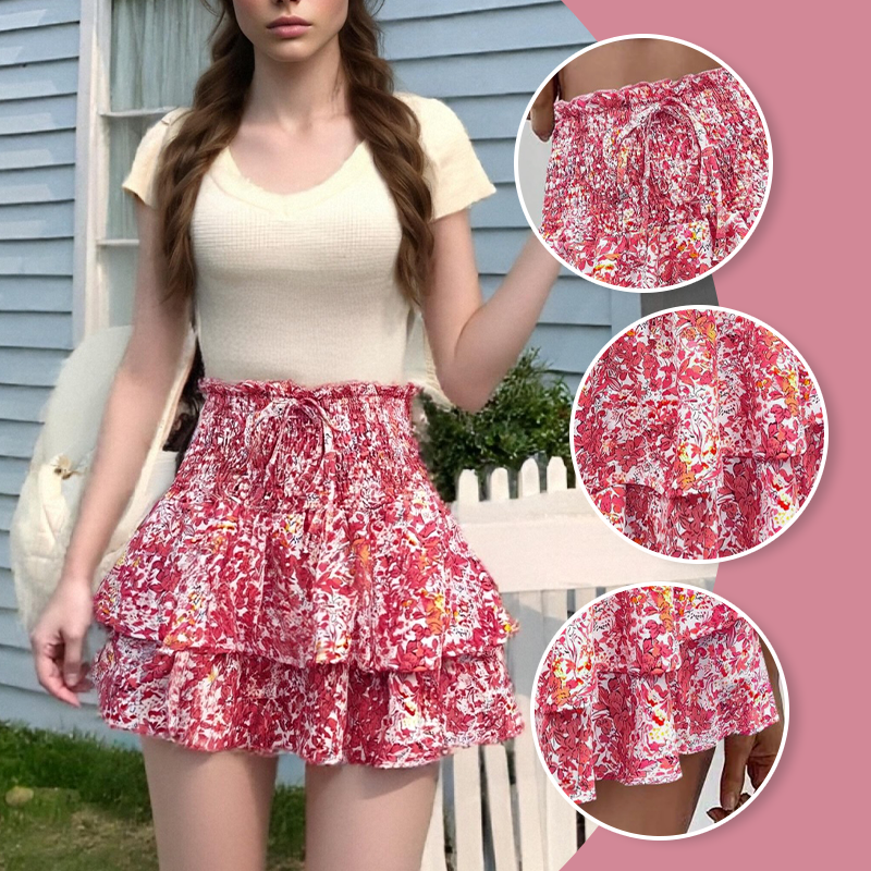 Aarenza lightweight floral ruffle tiered skirt in soft fabric, featuring a slim fit and feminine floral pattern.