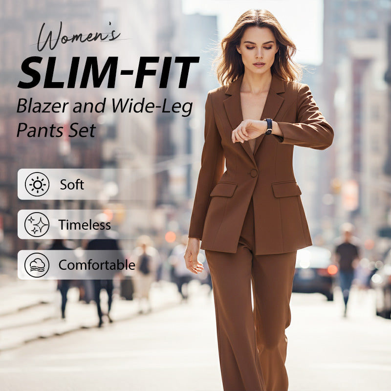 Women's elegant blazer and wide-leg pants set by Arenzza, featuring a tailored blazer and matching flowing pants.