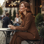 Women's elegant blazer and wide-leg pants set by Arenzza, featuring a tailored blazer and flowy wide-leg trousers.
