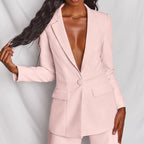 Women's elegant blazer and wide-leg pants set by Arenzza, featuring a stylish tailored jacket and flowing trousers.