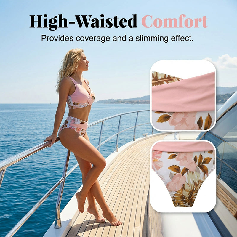 Women's floral print high waist bikini set by Arenzza with a colorful, stylish design perfect for beach or poolside wear.