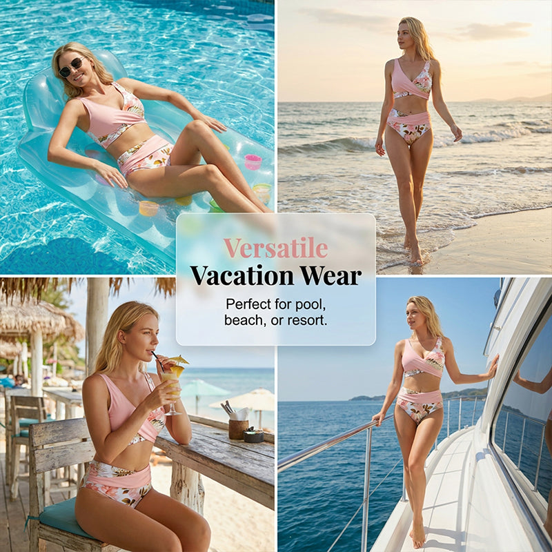 Women's floral print high waist bikini set by Arenzza, featuring a colorful floral pattern and high-rise design.