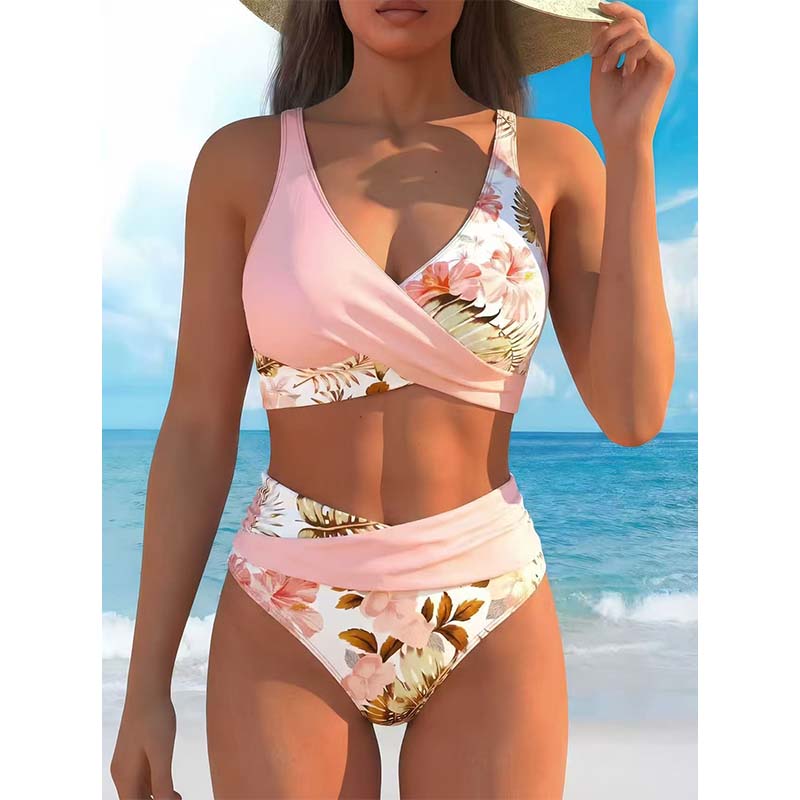 Women's floral print high waist bikini set by Arenzza featuring a colorful, stylish two-piece swimsuit with high waist bottoms and a matching top.