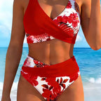 Women's floral print high waist bikini set by Arenzza, featuring a colorful floral top and matching high waist bottoms.