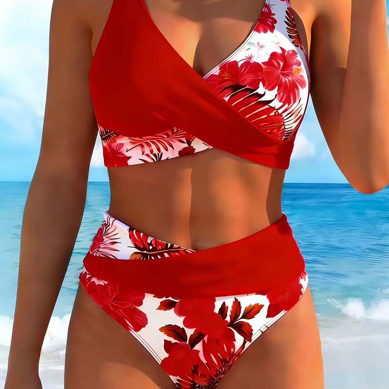 Women's floral print high waist bikini set by Arenzza, featuring a colorful floral top and matching high waist bottoms.