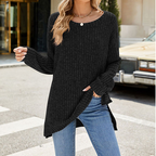 Women's soft knit oversized tunic sweater by Arenzza, shown in a cozy, relaxed fit with long sleeves and a high neckline.