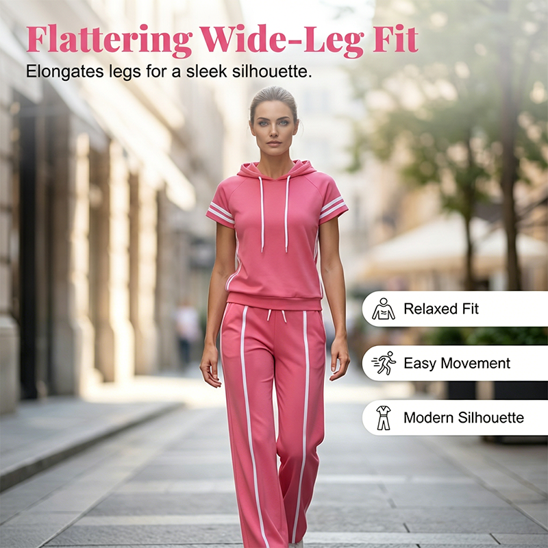 Women's striped short-sleeve hoodie and wide-leg pants set by Arenzza, featuring casual, comfortable clothing with bold stripe patterns.