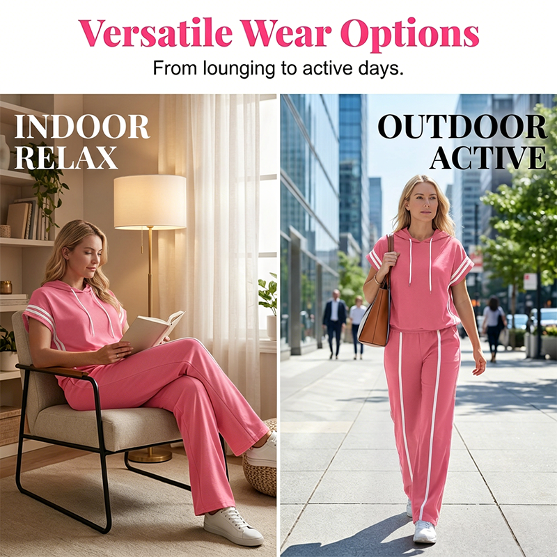 A woman wearing Arenzza's striped short-sleeve hoodie and wide-leg pants set, showcasing a casual, stylish clothing ensemble.