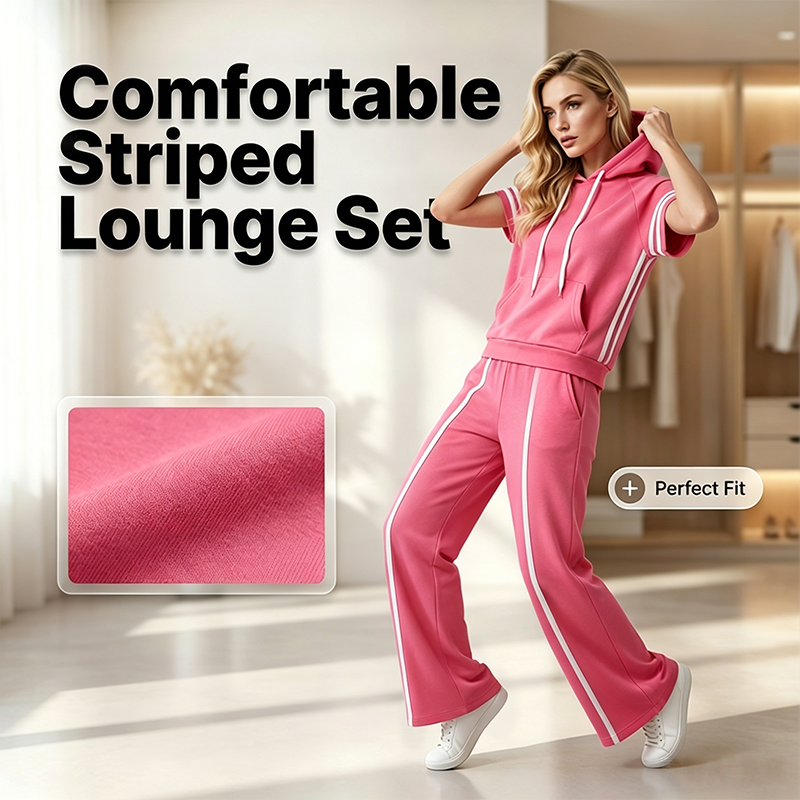 A woman wearing Arenzza's striped short-sleeve hoodie and wide-leg pants set, showcasing casual and comfortable fashion style.