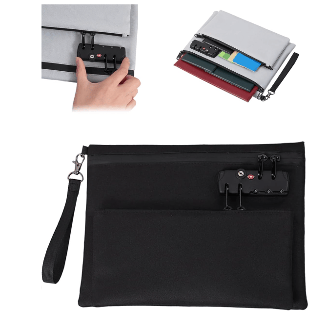 Arenzza double layer money bag with lock, shown in black, featuring a secure zipper and compact design for everyday use.