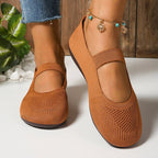 A pair of Arenzza breathable knit flats with anti-slip soles, designed for comfort and cool, fresh feet during extended wear.