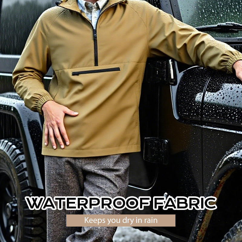 A men's Arenzza windproof and waterproof outdoor jacket shown on a hanger, featuring a sleek design and full front zipper.
