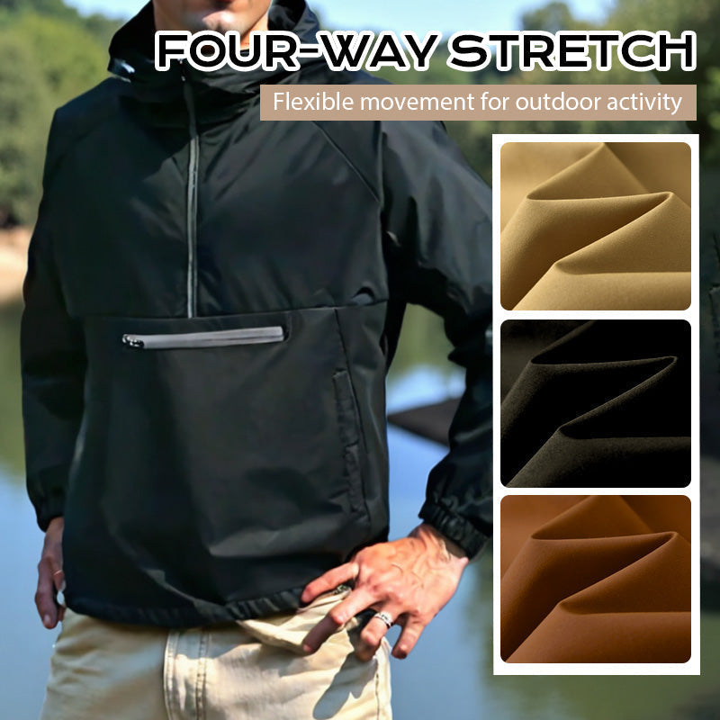 Men's Arenzza windproof and waterproof outdoor jacket, shown in a rugged outdoor setting, designed for protection against the elements.