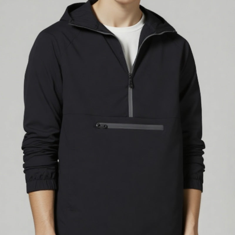 Men's Arenzza windproof and waterproof outdoor jacket in black, shown on a hanger with a high collar and sleek design.