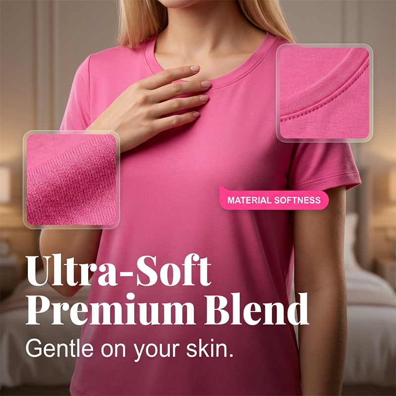 Aarenza women's comfortable pajama set with soft, airy fabric, perfect for warm nights, shown on a hanger in a cozy bedroom setting.