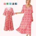 Aarenza bohemian casual print V-neck waist wrap long dress with flowing fabric and vibrant patterns.