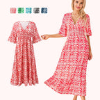 Aarenza bohemian casual print V-neck waist wrap long dress with flowing fabric and vibrant patterns.