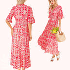 Arenzza bohemian casual print V-neck waist wrap long dress with floral patterns, flowing fabric, and a relaxed fit.