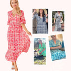 Arenzza bohemian casual print V-neck waist wrap long dress displayed on a model, featuring vibrant patterns and flowing fabric.