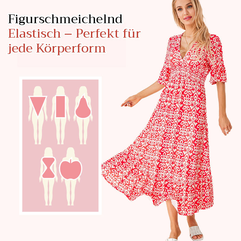 Aarenza bohemian casual print V-neck waist wrap long dress displayed on a hanger with floral patterns and flowing fabric.