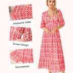 Aarenza bohemian print V-neck waist wrap long dress with casual style, featuring a flowing fabric and vibrant pattern.