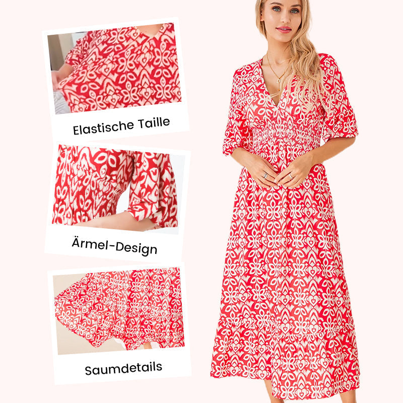 Aarenza bohemian print V-neck waist wrap long dress with casual style, featuring a flowing fabric and vibrant pattern.
