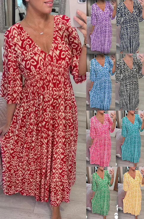 Arenzza bohemian casual print V-neck waist wrap long dress displayed on a hanger, featuring a colorful pattern and flowing fabric.