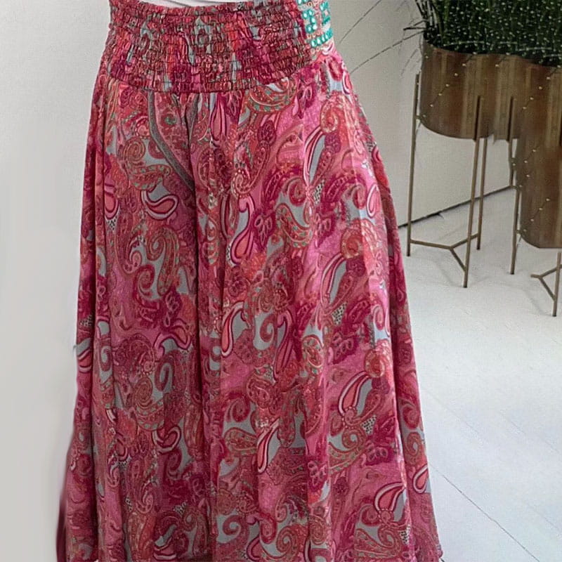 A pair of Arenzza ethnic paisley print lightweight patchwork elastic waist pants with a relaxed fit and vibrant design.