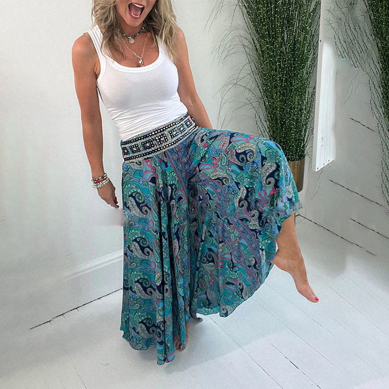 Arenzza ethnic paisley print lightweight pants with elastic patchwork waist, featuring vibrant patterns and comfortable fit.