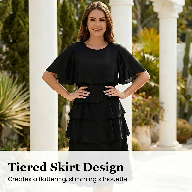 Aarenza elegant tiered ruffle sleeve dress in soft fabric, featuring a flattering silhouette and stylish design.