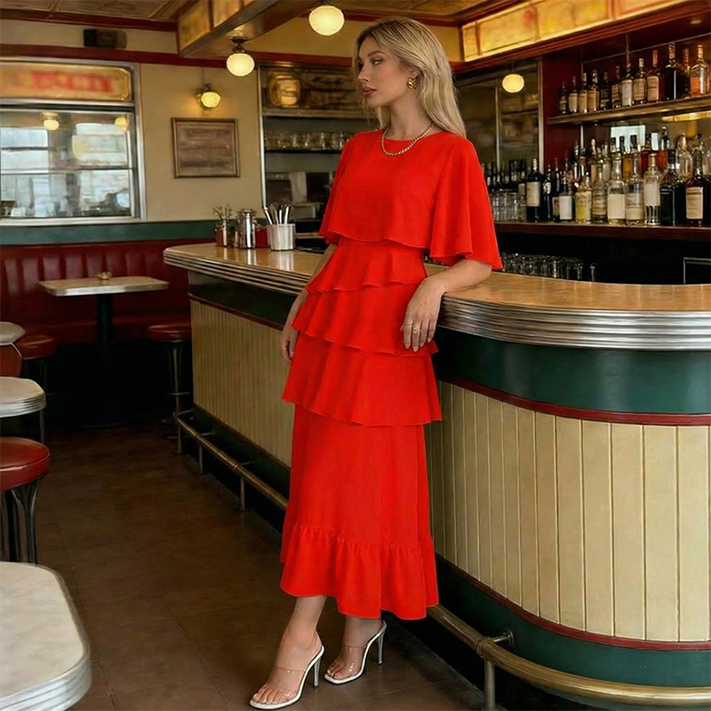 Aarenza elegant tiered ruffle sleeve dress in soft fabric, showcasing a flattering, feminine design with layered ruffle details.