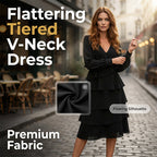 Arenzza elegant v-neck tiered long sleeve dress in soft fabric, featuring a flowing silhouette and layered design.