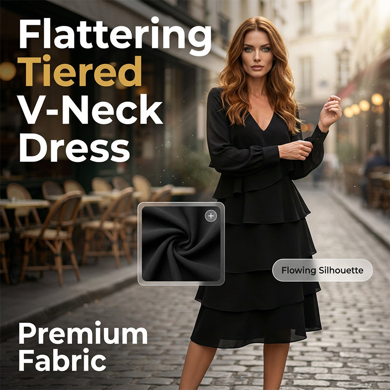 Arenzza elegant v-neck tiered long sleeve dress in soft fabric, featuring a flowing silhouette and layered design.