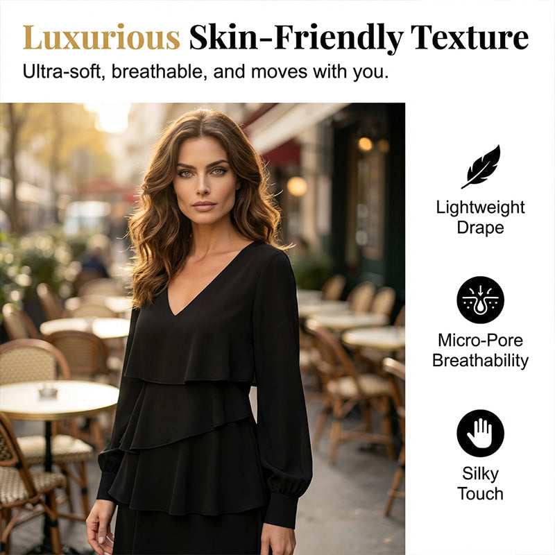 Arenzza elegant v-neck tiered long sleeve dress in soft fabric, featuring a flowing, layered design for a stylish and sophisticated look.