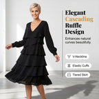 Arenzza elegant V-neck tiered long sleeve dress in soft fabric, showcasing its flowing design and stylish silhouette.