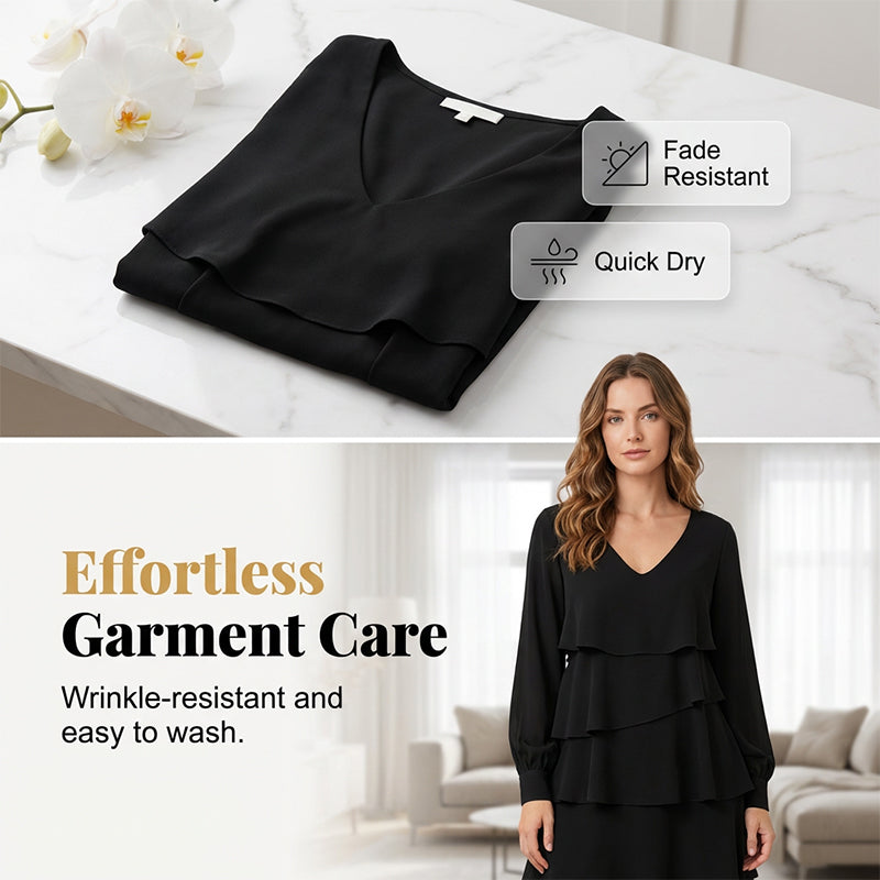 Arenzza elegant v-neck tiered long sleeve dress in soft fabric, showcasing its flowing design and stylish silhouette.