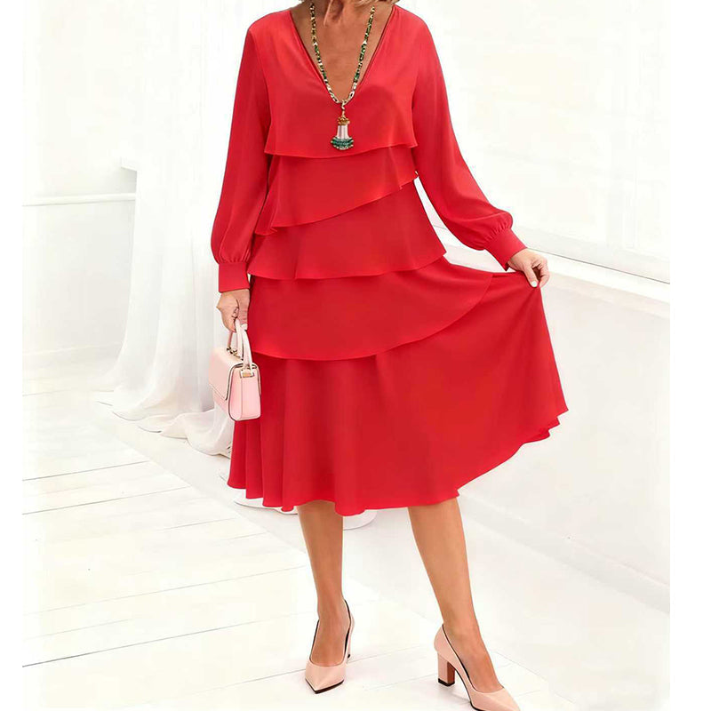 Aarenza elegant v-neck tiered long sleeve dress in soft fabric, showcasing its flowing layered design and sophisticated style.