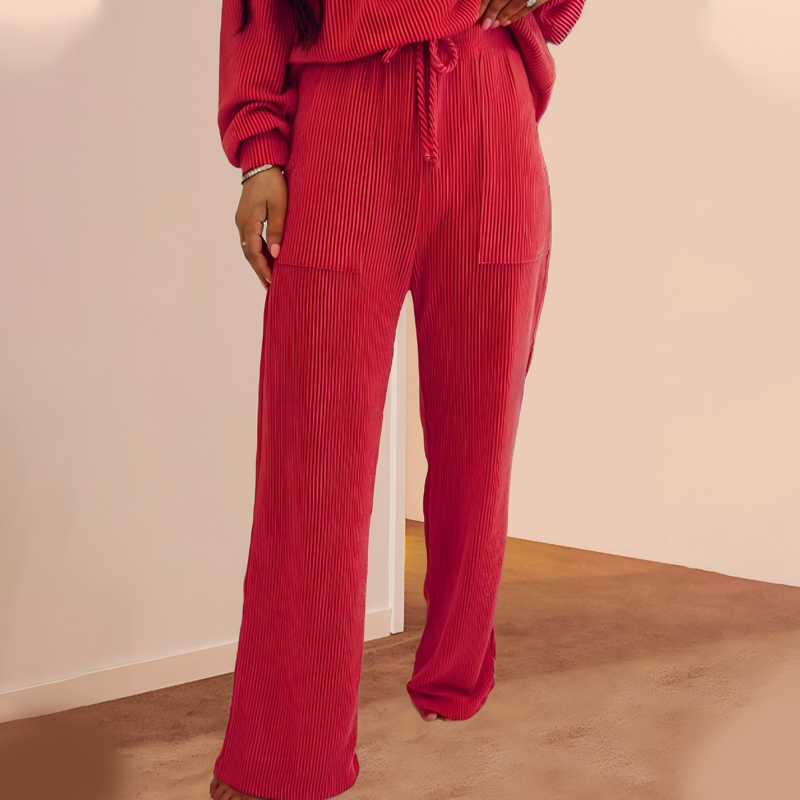 Aarenza festive stripe long-sleeve top and wide-leg drawstring pants set in holiday colors, casual and comfortable clothing for women.