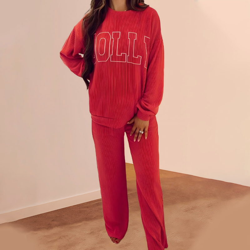Aarenzza festive stripe 2-piece set with long-sleeve top and wide-leg drawstring pants in vibrant holiday colors.