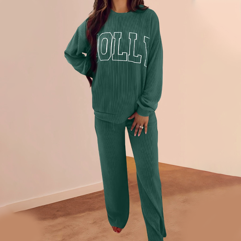 Arenzza festive stripe 2-piece set with long-sleeve top and wide-leg drawstring pants, featuring colorful holiday patterns and comfortable fit.