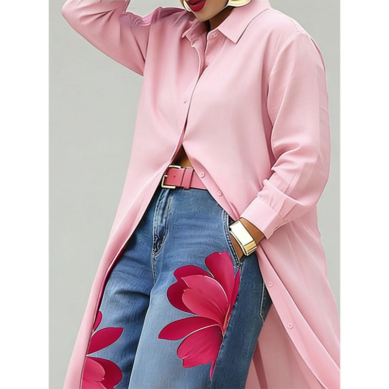Aarenza women's long sleeve button-down maxi shirt dress in soft fabric, displayed flat with front buttons and collar.