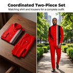A men's Arenzza striped shirt and pants 2-piece set, stylish and casual clothing, displayed on a hanger.