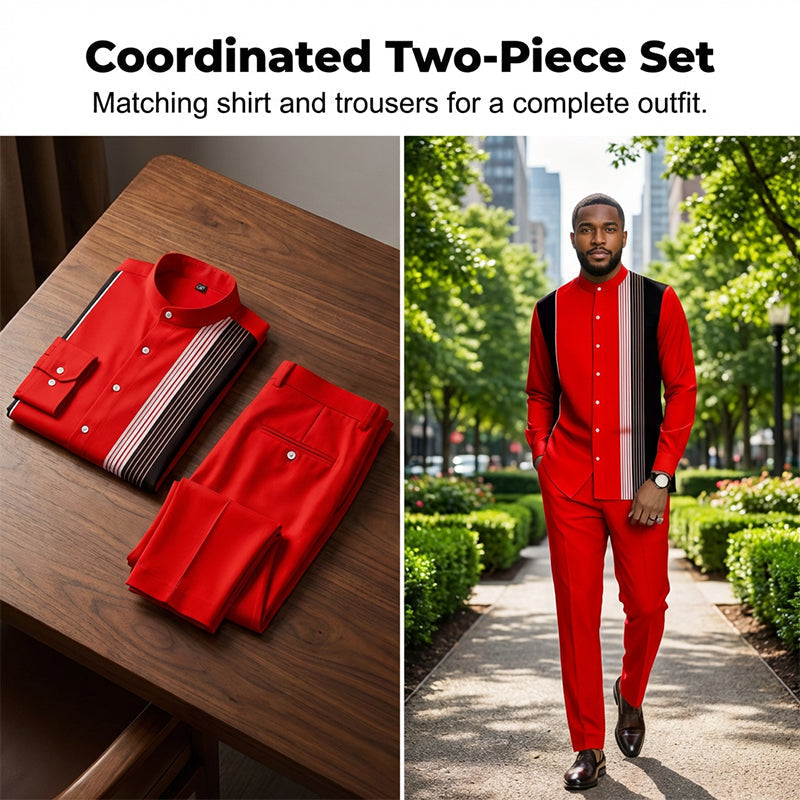 A men's Arenzza striped shirt and pants 2-piece set, stylish and casual clothing, displayed on a hanger.