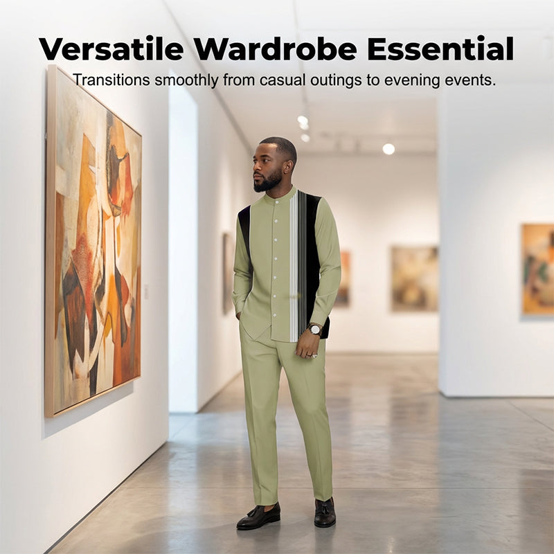 A men's striped shirt and pants 2-piece set by Arenzza, featuring a stylish, casual design with vertical stripes and comfortable fit.